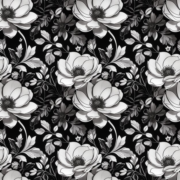 Photo monochrome flower repeat pattern floral seamless pattern generative ai