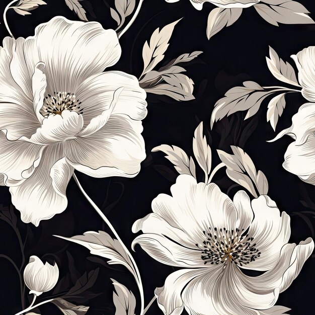 monochrome flowers outline seamless background