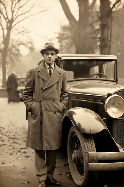 Foto monochrome foto mannen met hoed en jas die naast een auto staan