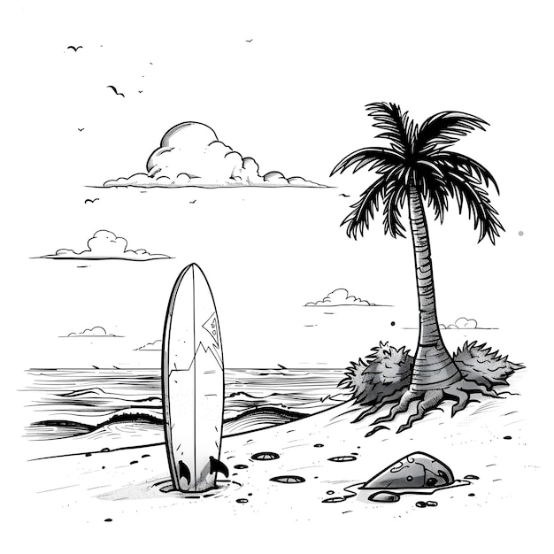 Foto monochrome foto van een palmboom en een surfplank op het strand