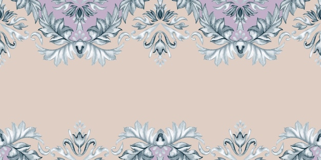 Monochrome gray floral watercolor seamless horizontal pattern with branches and leaves