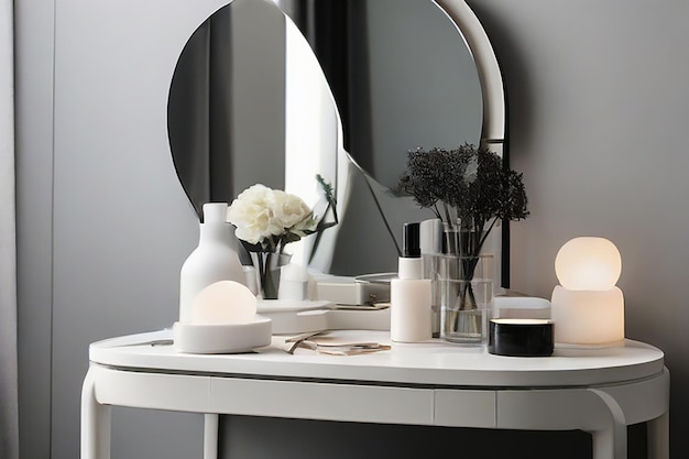 모노크롬 회색 미니멀리스트 현대 거울 드레싱 테이블 설정 및 드레싱에 화장품 제품
