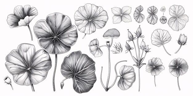 Photo monochrome handdrawn illustration set of centella asiatica flower leaf with graphic elements in engraved style for labels stickers menus and packaging