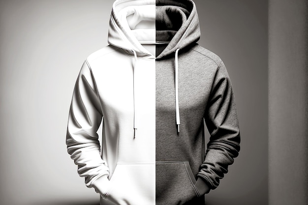 Photo monochrome hoodie mockup design grey white and black isolated on white background