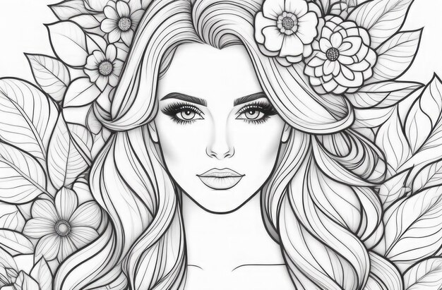 A monochrome illustration of an elegant woman surrounded by detailed flowers and leaves exuding a serene grace