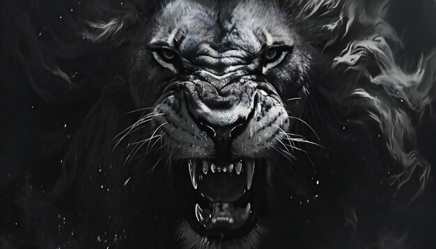 Monochrome illustration of a ferocious lions head for various design purposes