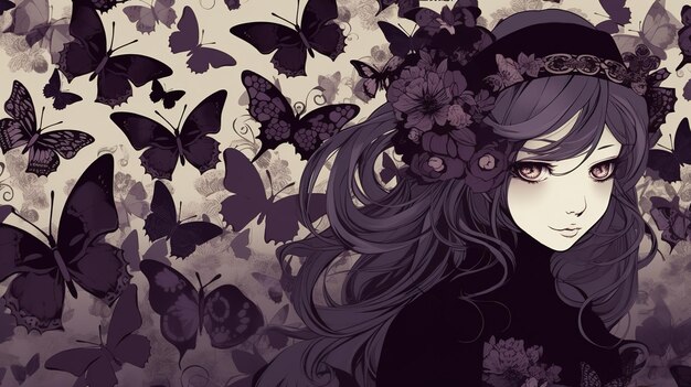 Monochrome image beautiful gothic anime girl with long black hair and butterflies on the background