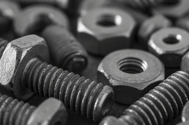 Monochrome image bolts washers and nuts close up macro shot for industrial background