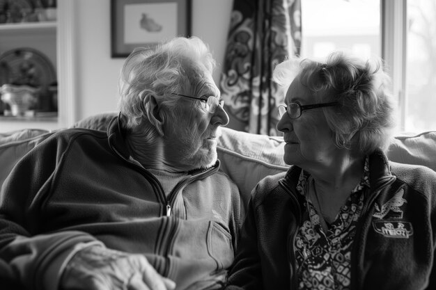 Photo monochrome image of an elderly couple engaged in loving conversation cherishing their golden years i