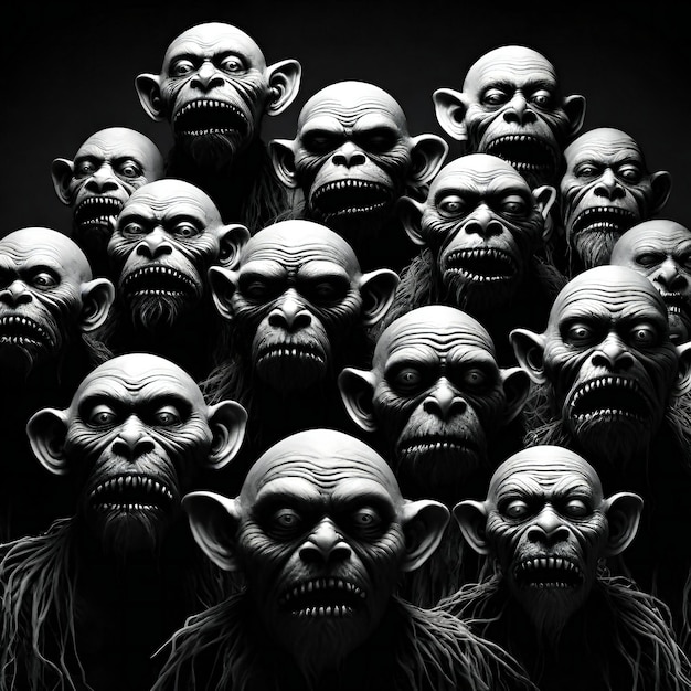 Монохромное изображение группы страшных лиц на темном фоне