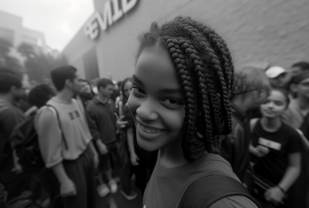 Photo monochrome image of a smiling girl with braided hair in a crowd her joy standing out in a sea of faces