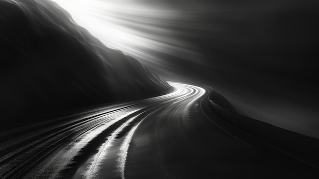 Monochrome image of a winding road with light rays