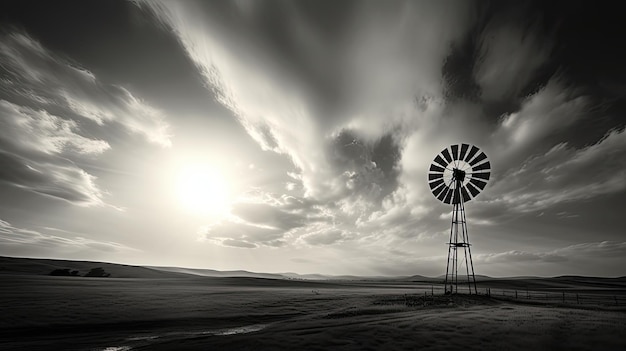 Monochrome image of windmill in field with cloudy backdrop