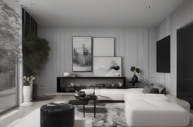 Monochrome interior design in tv room area