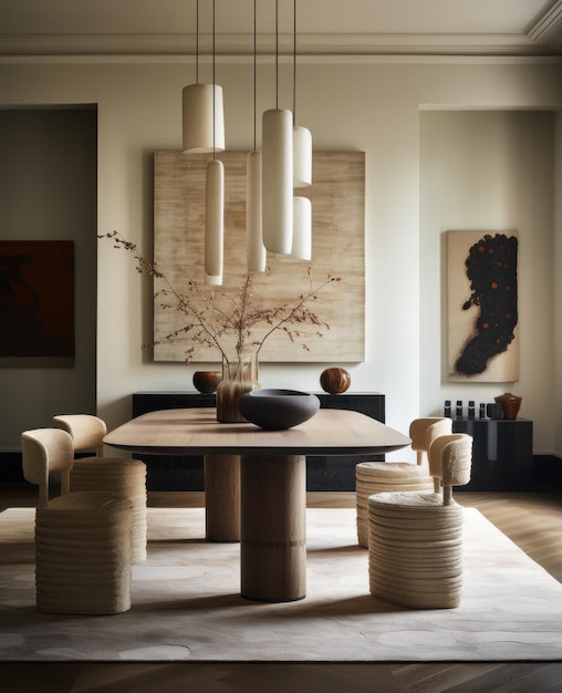 Monochrome interior of a dining room in modern contemporary scandinavian style furniture design