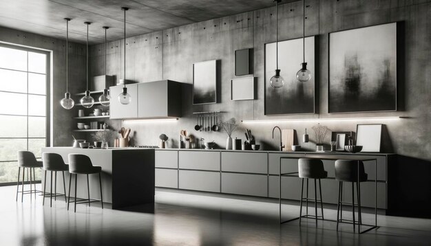 Foto cucina monocromatica con pendenti di vetro appesi e arte astratta concetto di design industriale ia generativa