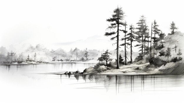 Photo monochrome landscape serene pine trees along water