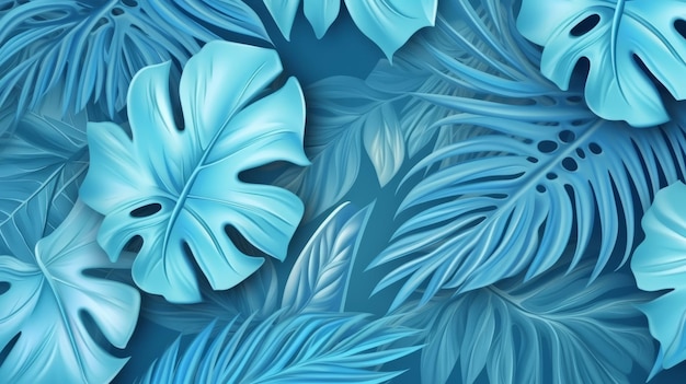 Monochrome light blue tropical leaves foliage on a blue background