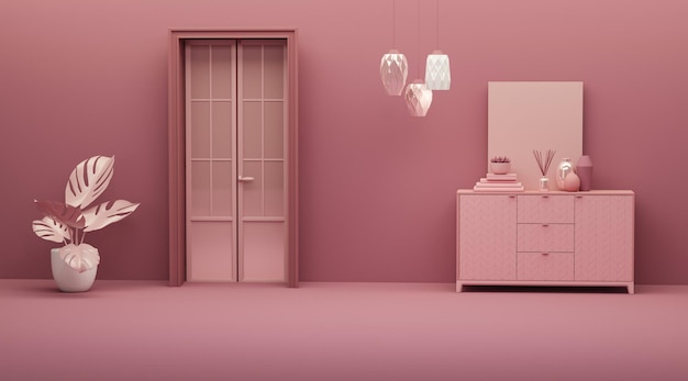 Foto scena soggiorno monocromatica con porta, credenza, vaso per piante su sfondo rosa.