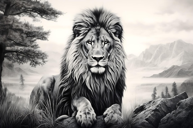 Monochrome Majesty Black and White Lion in the Wilderness