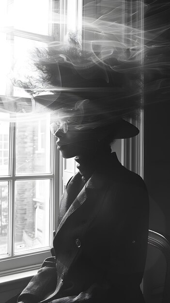 Monochrome photo of woman in hat by window with plant and tree in background