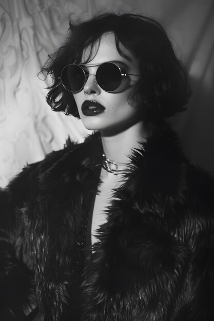 Monochrome photo of woman in sunglasses and fur coat