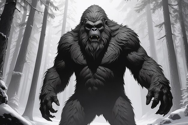 Monochrome representation of hairy beast or sasquatch