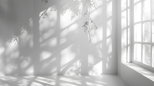 Monochrome room with window shadows wooden furniture and plant