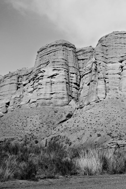 Monochrome shot of rock formations on clear day in Konorchek Canyons, Kyrgyzstan