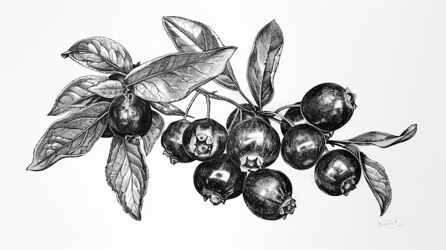 Photo monochrome sketch of aronia berries in stylized rendering generative ai