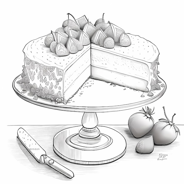 Фото Монохромный клубничный торт простой рисунок для раскраски ремесел