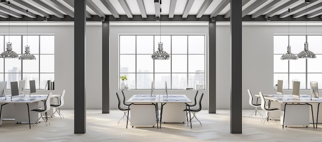 Monochrome style interior design with black wooden posts on ceiling and floor city view from big windows parquet floor and black and white furniture