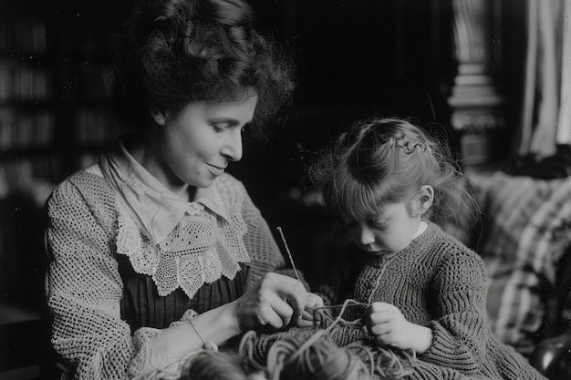 모노크롬 한 어머니 가 딸 에게 뜨개질 을 가르치는 빈티지 이미지