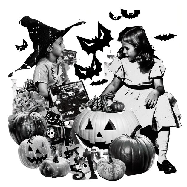 Foto foto vintage monocromatica di bambini di halloween con zucche tagliate