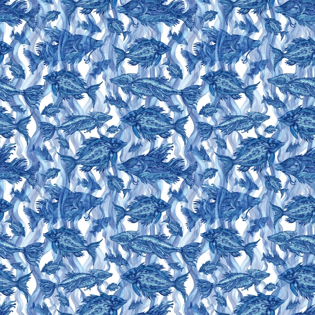 Monochrome watercolor seamless pattern with abstract blue magic fish