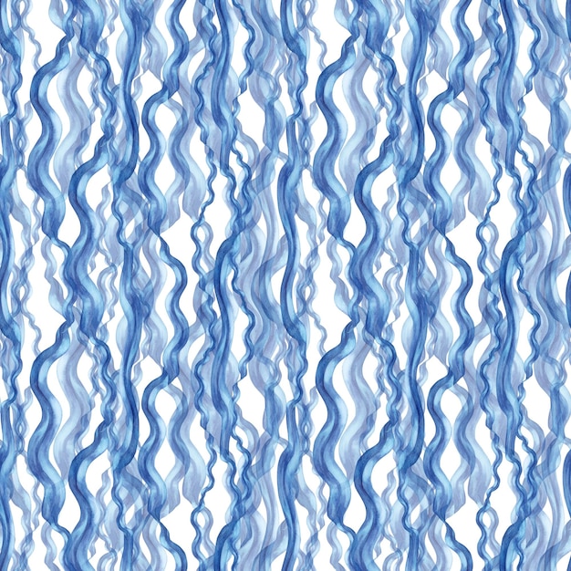 抽象的な青い魔法の花海藻と魚を持つモノクロ水彩シームレス パターン