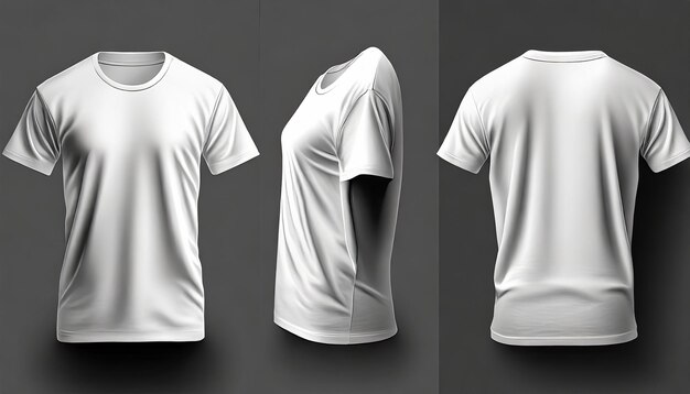 Photo monochrome white casual tshirt side view behind and front view of a mock up template