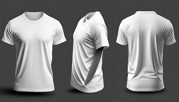 Photo monochrome white casual tshirt side view behind and front view of a mock up template