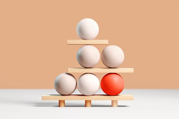 Monochrome white and red ball abacuslike design balances on a line wood pedestal Simple yet striking geometric shapes in a contemporary setting Concept of to be different