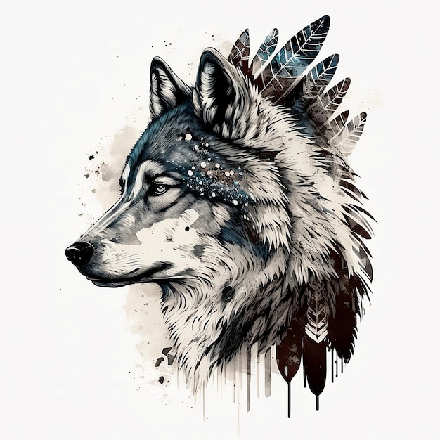 Photo monochrome wolf indian warrior totem symbol