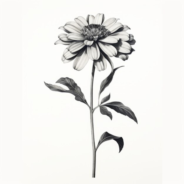 Photo monochrome zinnia photorealistic flower drawing with midcentury illustration style