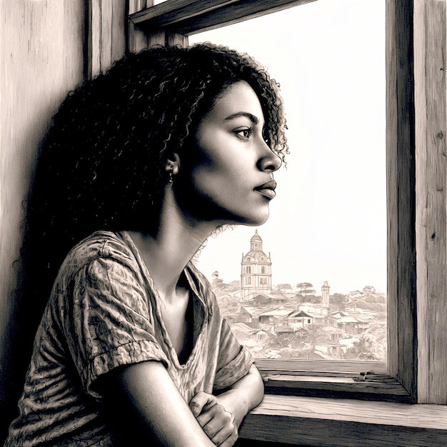 Monochroom portret van een vrouw die naar het raam kijkt