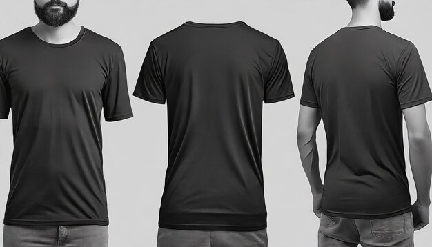 monochroom zwart casual t-shirt Zijkant achter en voorzijde van een mock-up sjabloon