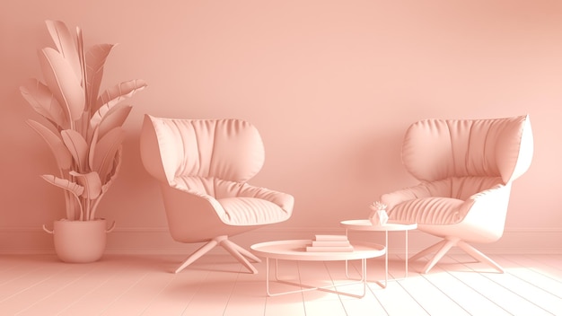 Monocrome flat pink interior of modern living room 3D rendering