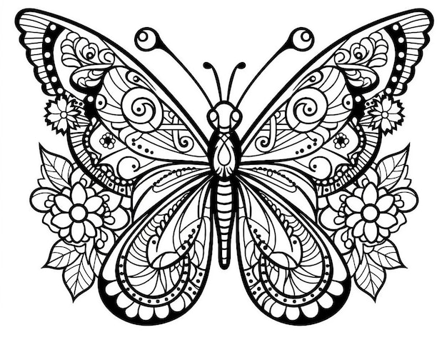 Photo monoline butterfly illustration in black and white color