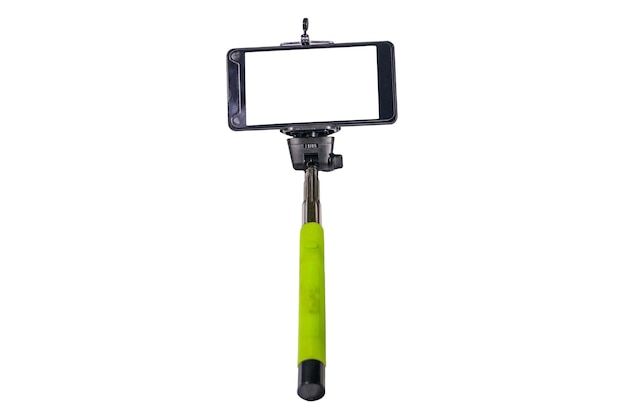 Monopod voor selfie met smartphone. Selfie stick met smartphone geïsoleerd op witte achtergrond