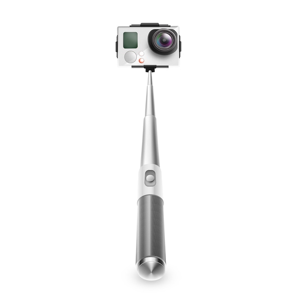 Monopod with action camera for selfie photo and video isolated. 