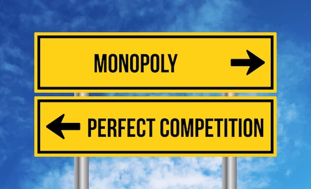 Monopoly or perfect competition road sign on sky background