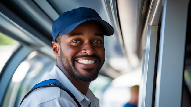 Monorail operator in modern car proud of safe efficient transport