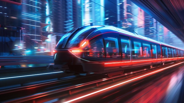 A monorail speeds through the city casting a beam of light as it passes by AI generated illustration